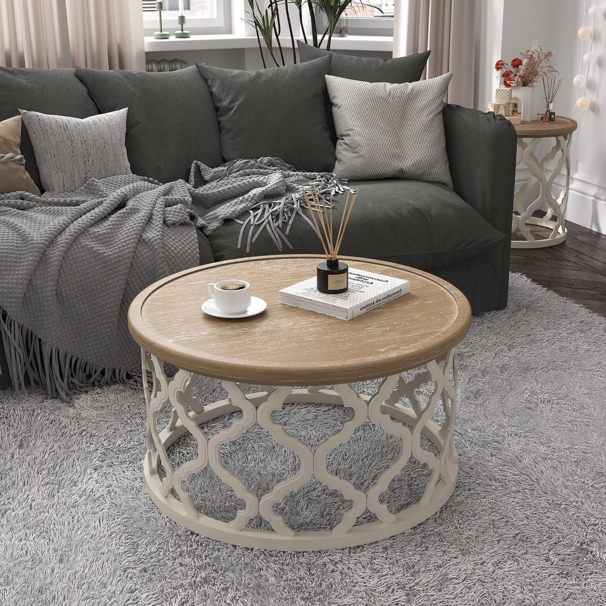 Lark Manor Mayenne Rustic Farmhouse Round Coffee Table with Distressed Wood Tray Top Reviews Wayfair